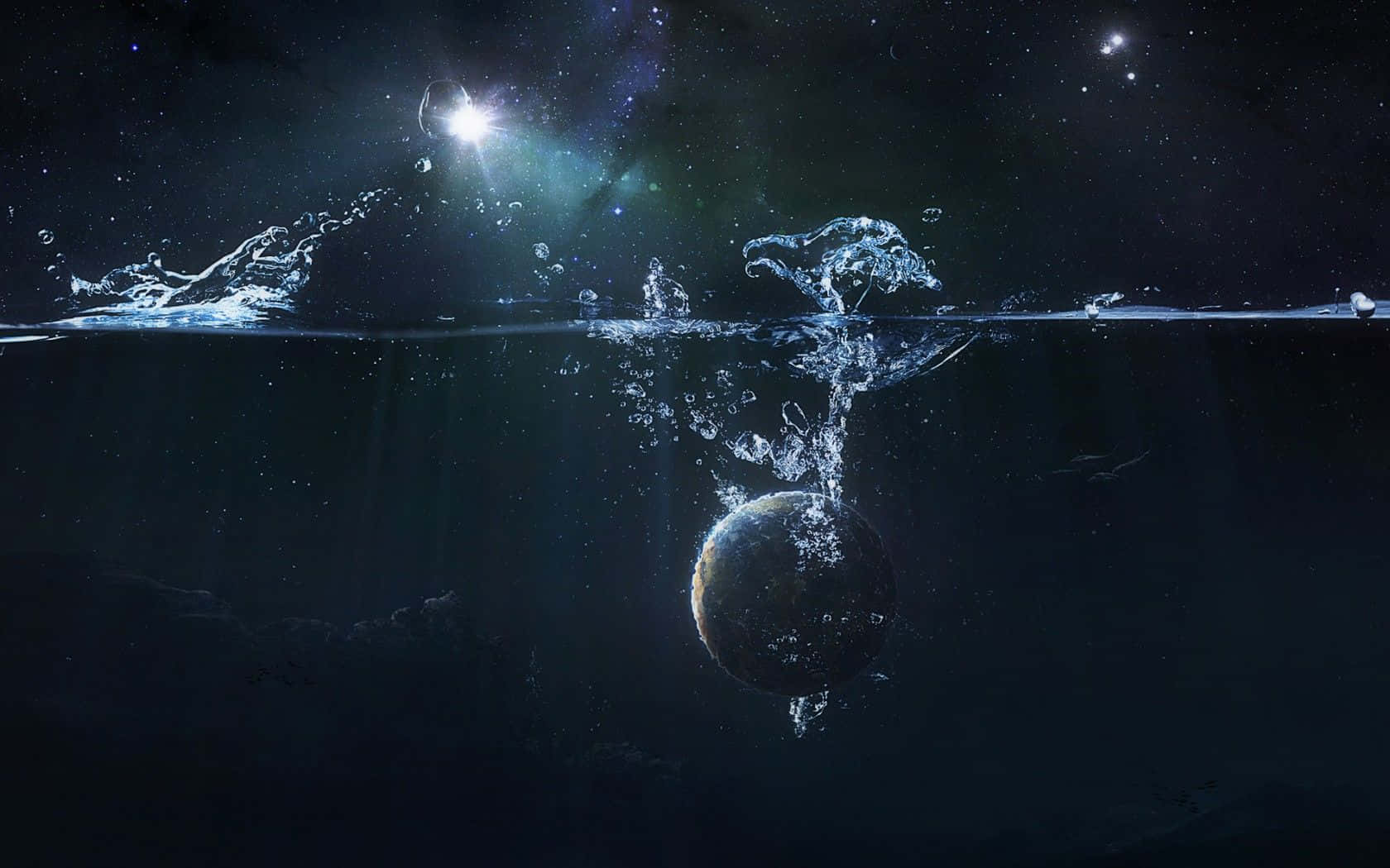Aquatic 桌布 壁紙 — 一顆行星在太空中的水中穿過，星光反射在飛濺的波浪和氣泡上。