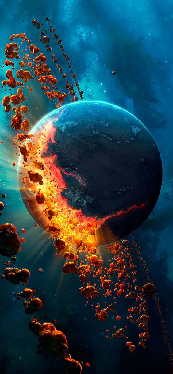 地球 桌布 壁紙 — 一顆行星在深藍色宇宙背景下碎裂成熾熱的橙色碎片，伴隨著發光的光線。