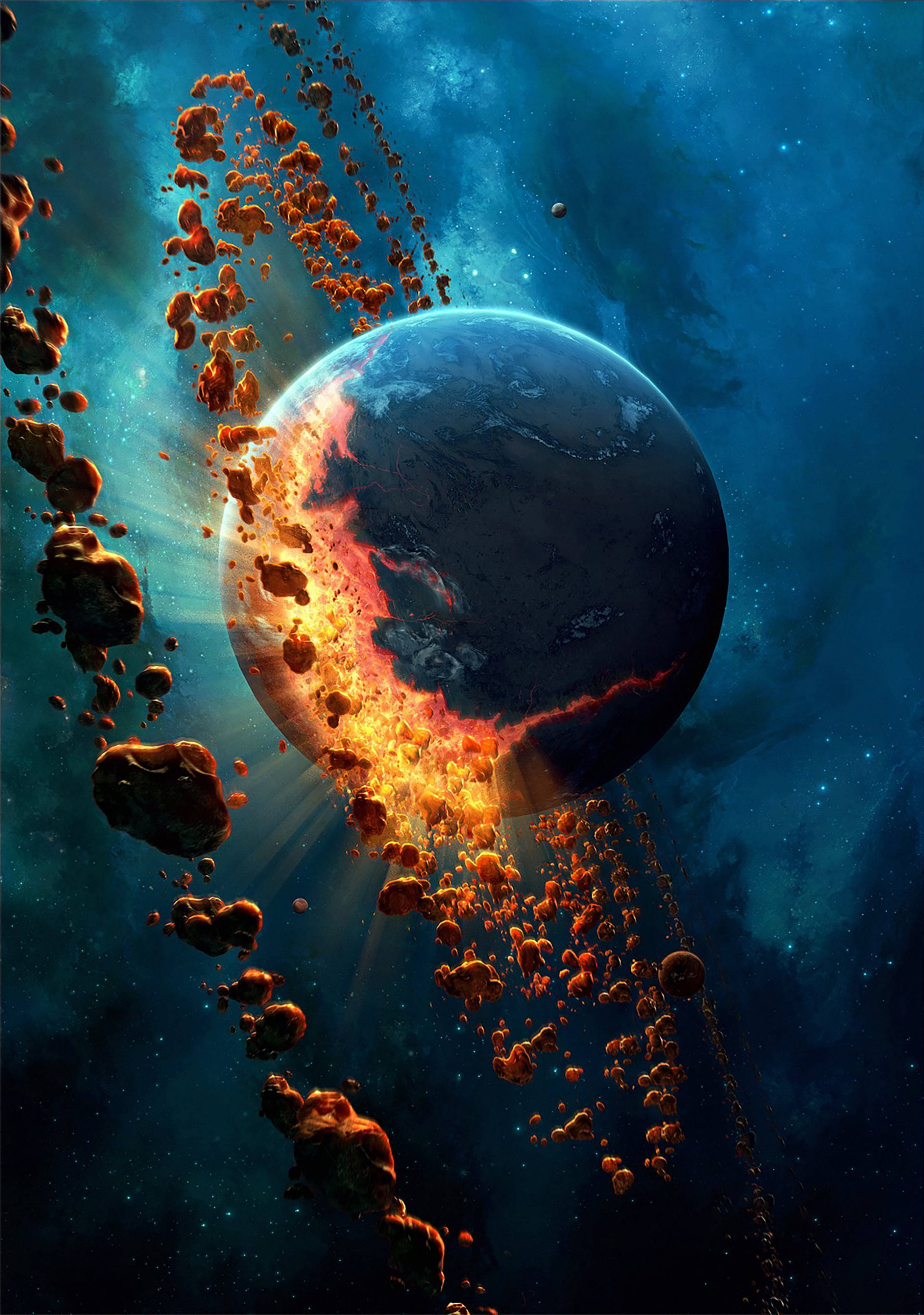 外太空 桌布 壁紙 — 一顆行星在深藍色宇宙背景中碎裂成熾熱的橙色碎片，伴隨著閃爍的星星。