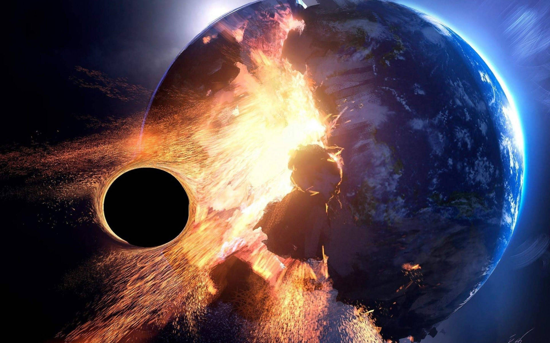 行星爆炸成火焰，黑洞在太空中吞噬它 — 黑洞 GIF 壁紙