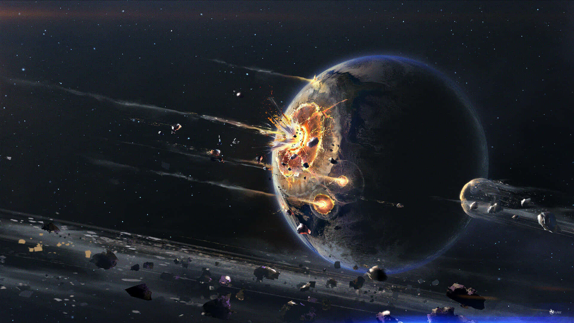 1920 X 1080 Nebula 桌布 壁紙 — 一顆行星在熾熱的爆發中爆炸，小行星如雨般穿過星空虛空，附近有一艘時尚的太空船。