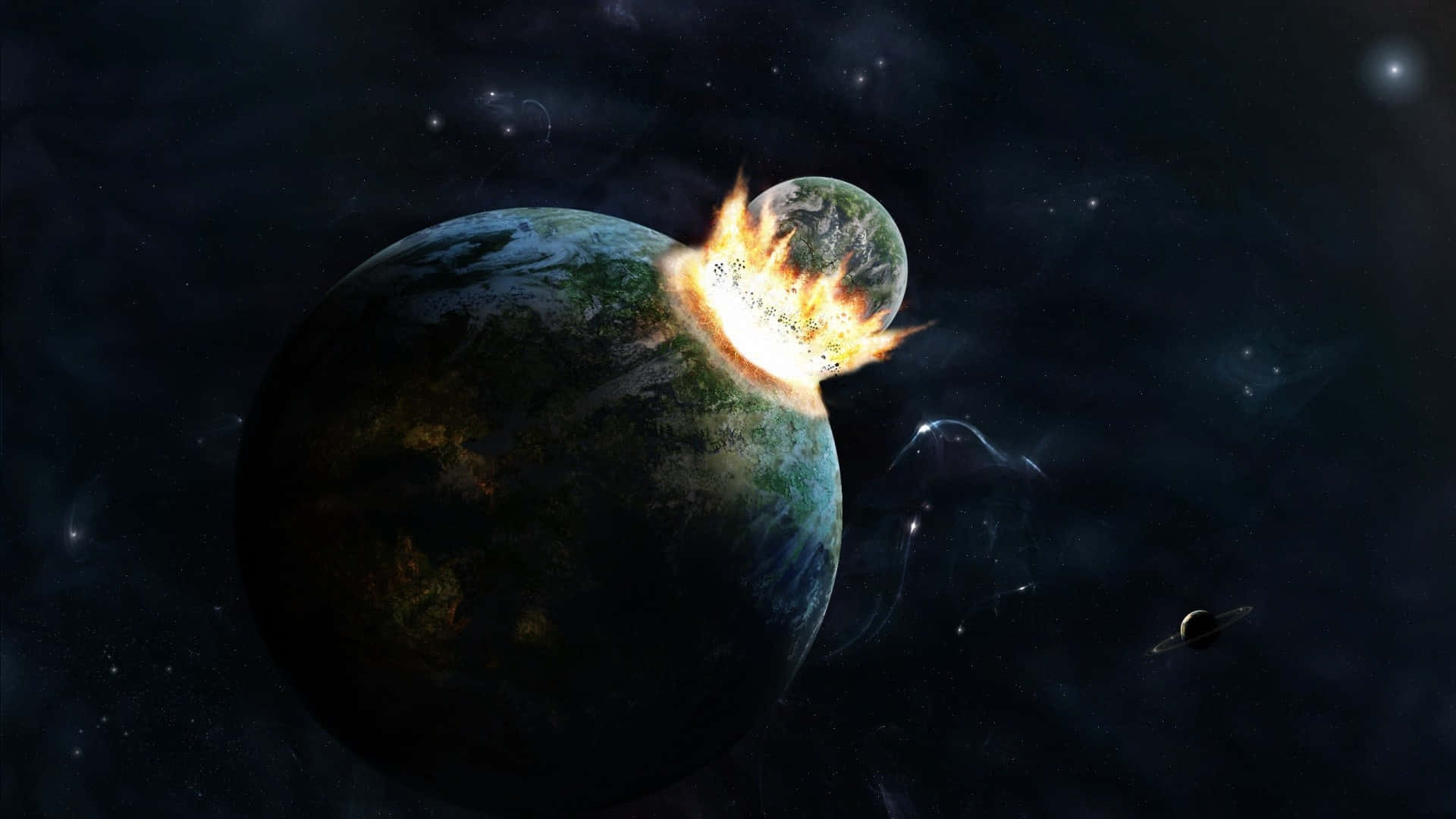 高清 桌布 壁紙 — 一顆行星在繁星點點的宇宙虛空中與一個熾熱的天體相撞，周圍有遙遠的衛星和星雲。
