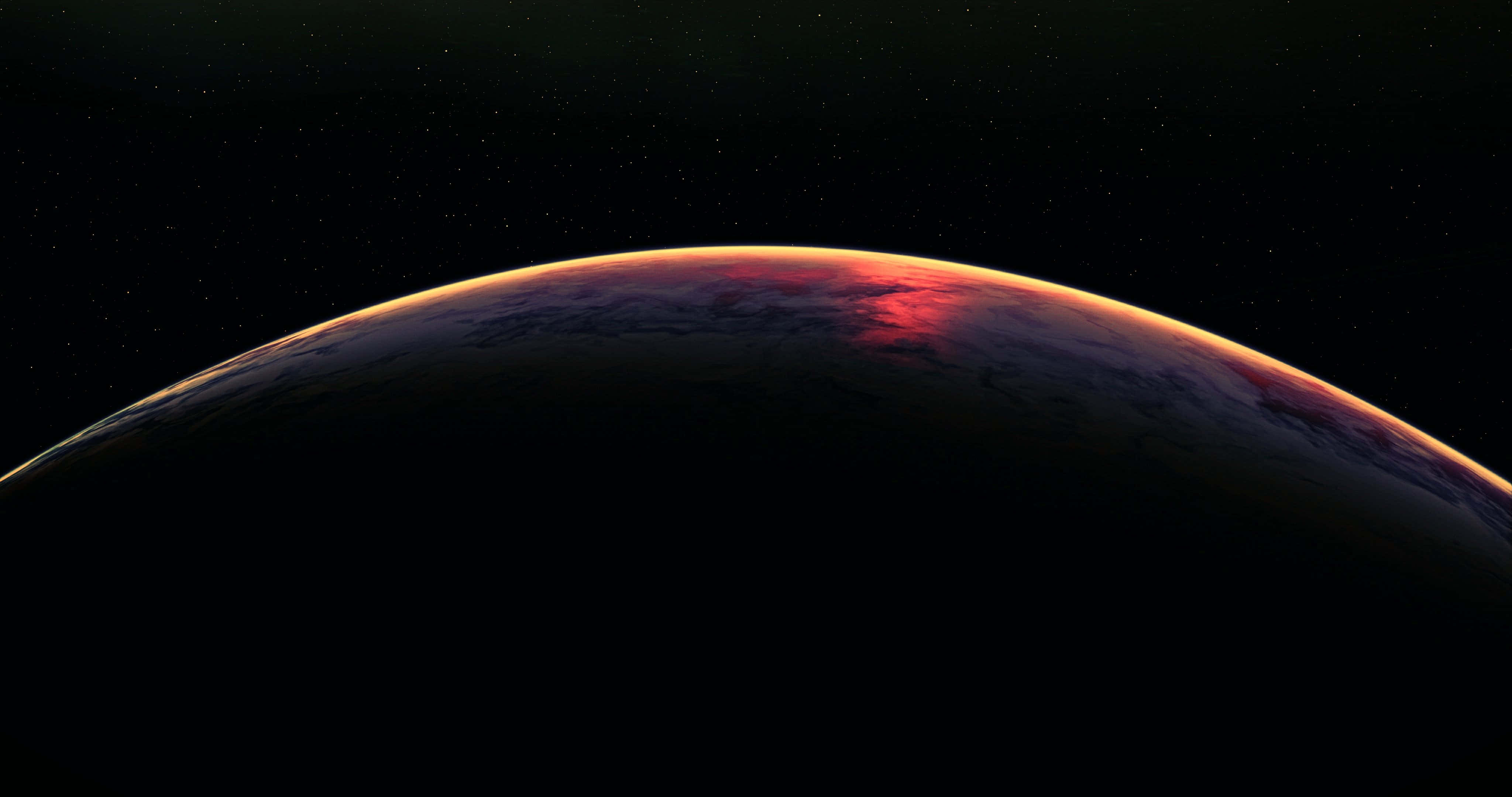 Atmosphere 桌布 壁紙 — 一顆行星的彎曲地平線在佈滿星星的黑色虛空中散發出火紅和橙色的光芒。