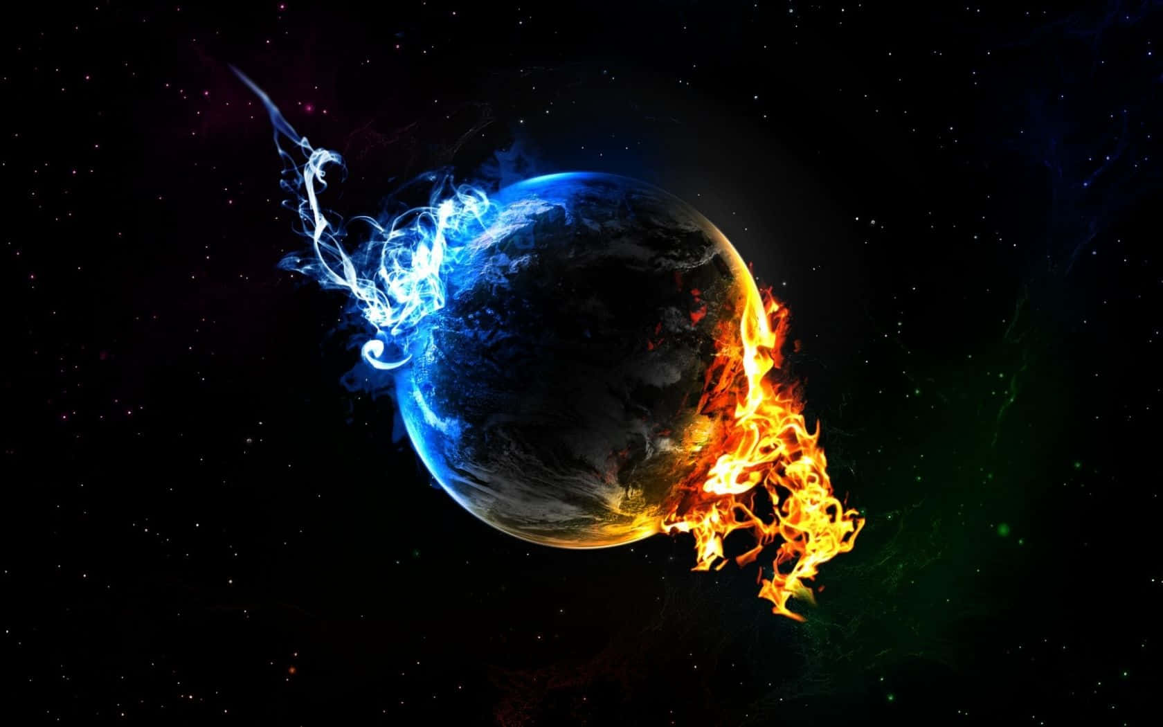 太空 桌布 壁紙 — 一顆行星被分成兩半，一半被熊熊火焰吞噬，另一半則在繁星點點的宇宙背景下旋轉著冰冷的藍色能量。