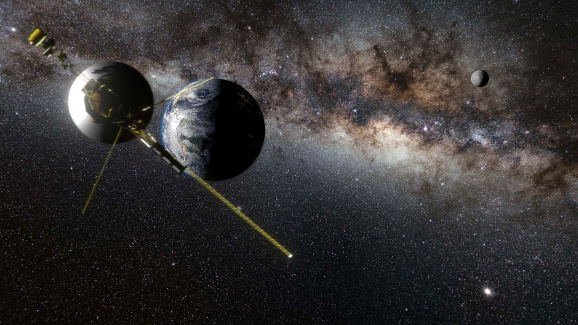 太空 桌布 壁紙 — 一顆衛星以銀河系為背景，在星星和遙遠行星的映襯下繞地球運行。
