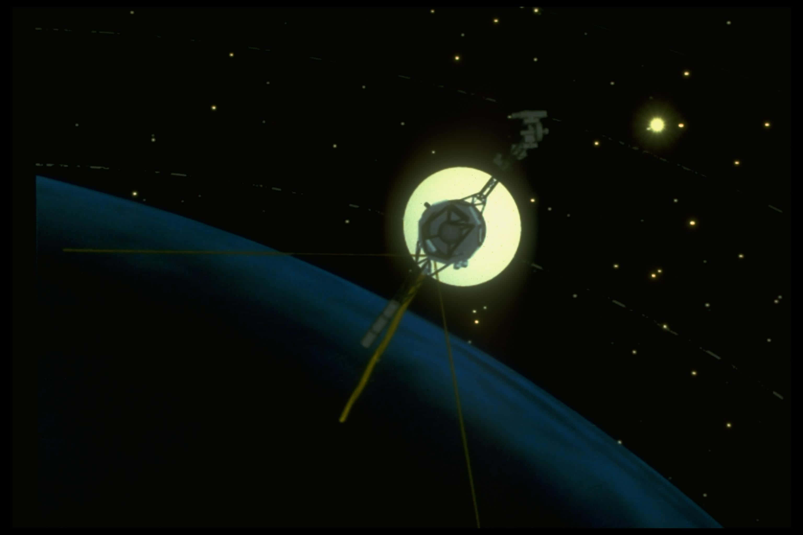 Voyager 桌布 壁紙 — 一顆衛星圍繞著一顆藍色行星運行，行星背後有一顆發光的太陽，背景是繁星點點的黑色天空。