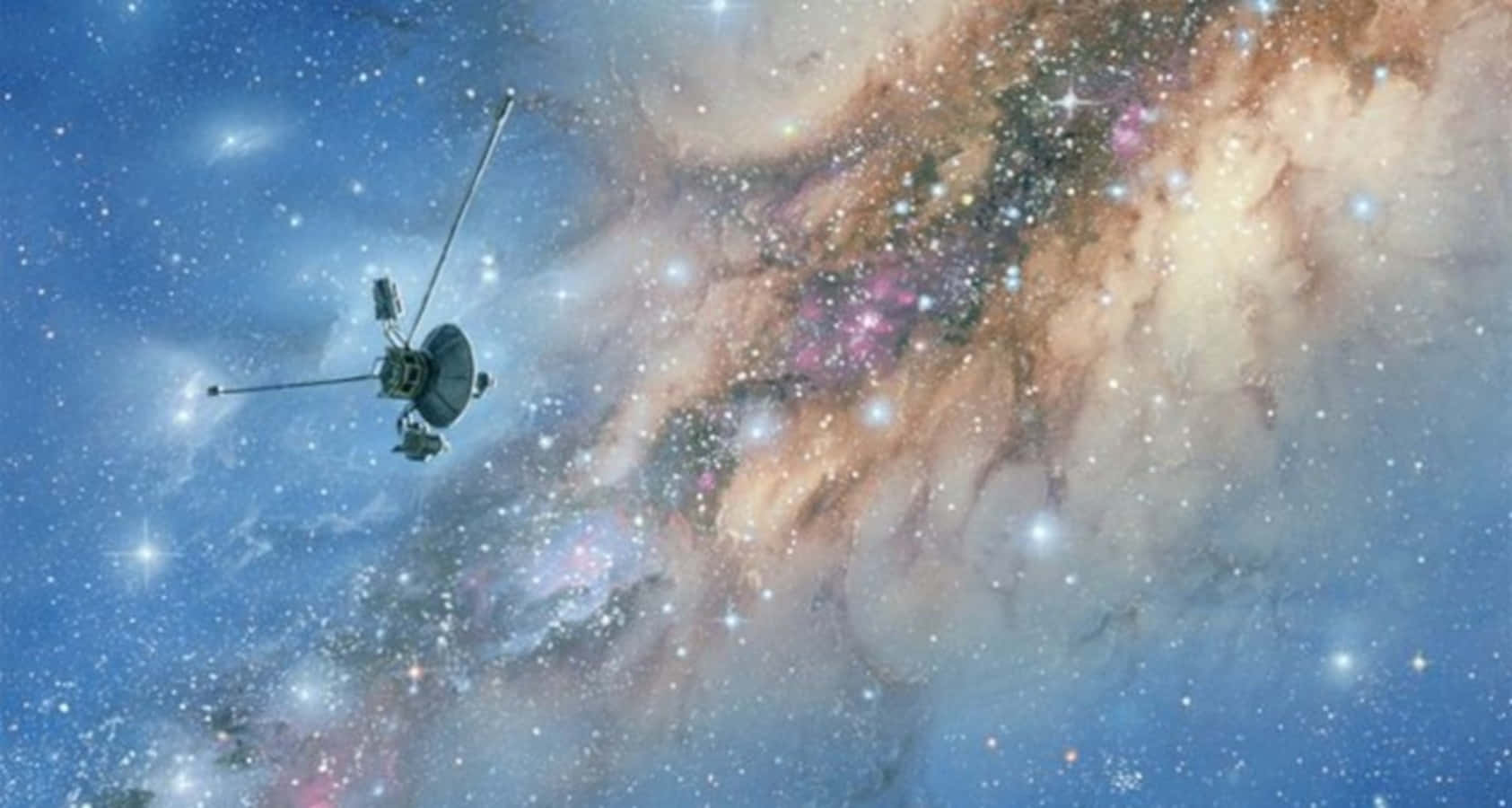 Voyager 桌布 壁紙 — 一顆衛星在充滿發光恆星和粉紅色、橙色、藍色漩渦雲霧的 vibrant 宇宙星雲中飄浮。