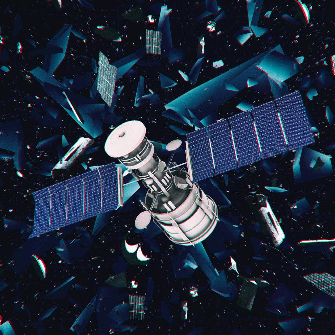 Space Satellite 桌布 壁紙 — 一顆衛星在深藍色光芒下，被漂浮的碎片和星星包圍，在太空中漂流。