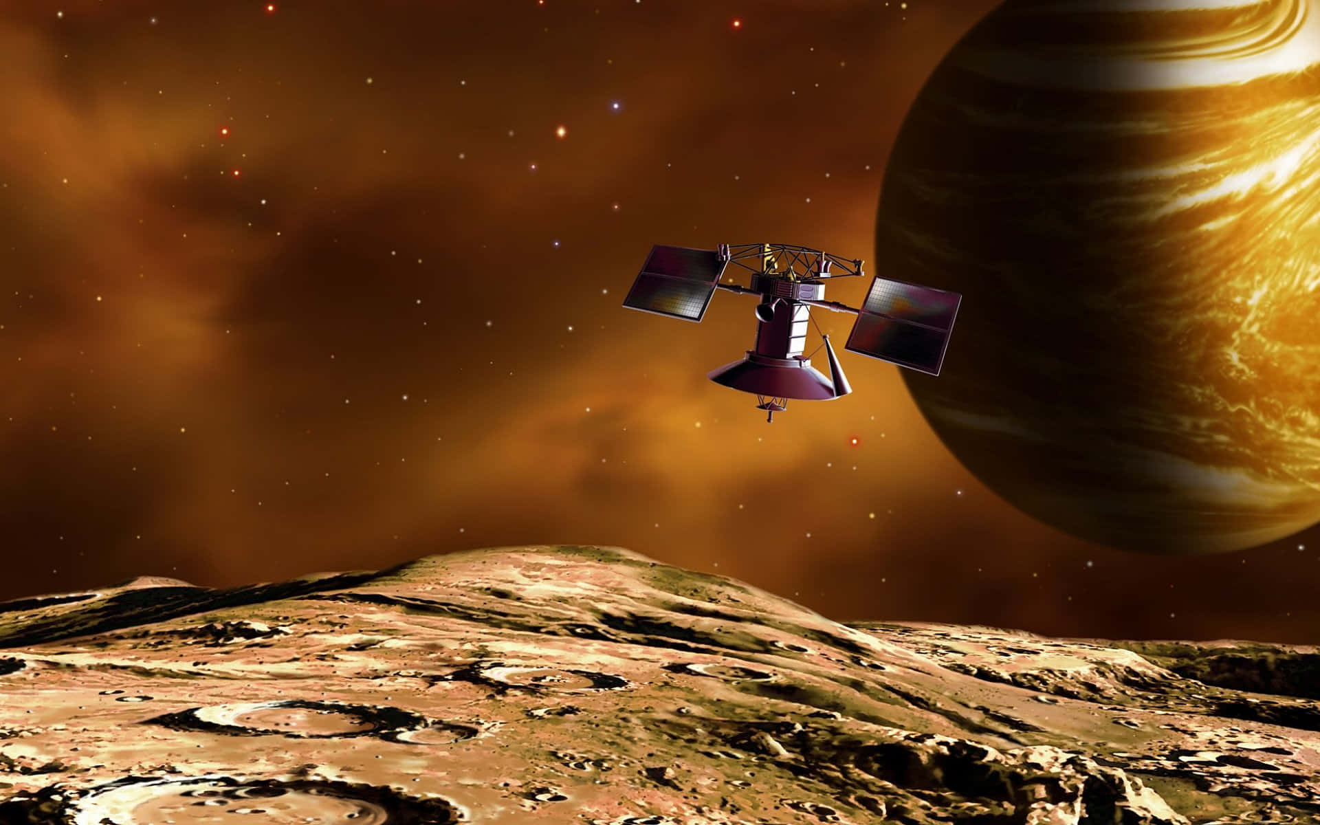 Space Exploration 桌布 壁紙 — 一顆衛星環繞一顆岩石外星行星運行，一顆巨大的氣體巨星在橙色的天空中隱現。