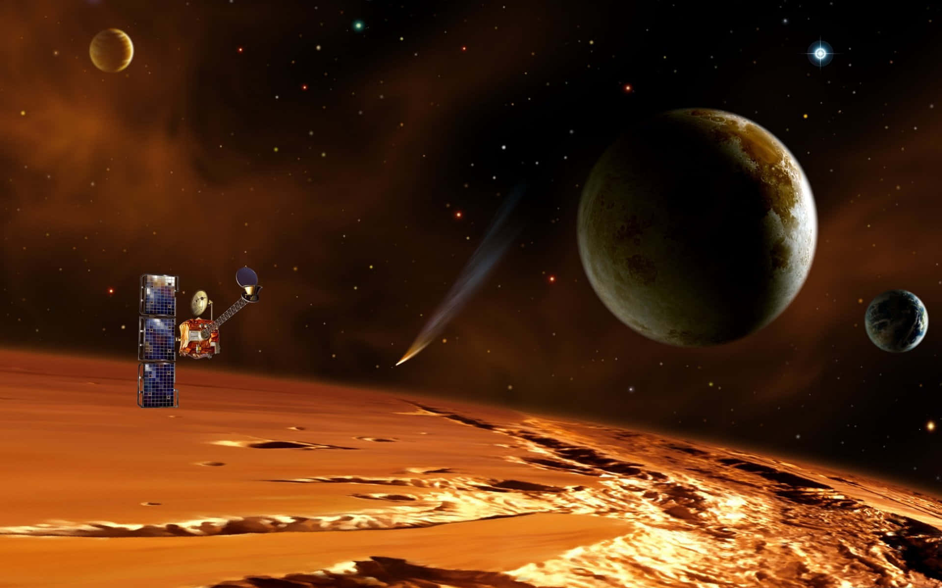 Space Exploration 桌布 壁紙 — 一顆衛星環繞著一個微紅色的外星行星運行，一顆彗星掠過，遙遠的衛星在星空中發光。