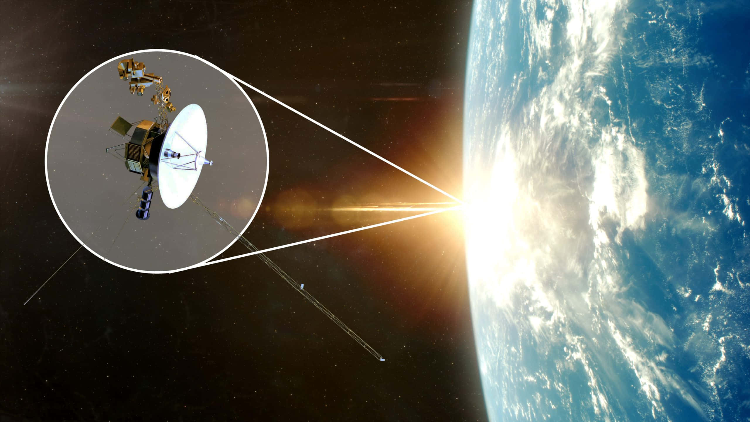 太空 桌布 壁紙 — 一顆衛星繞地球運行，陽光在其碟形天線上閃爍，映襯著太空的繁星黑暗。