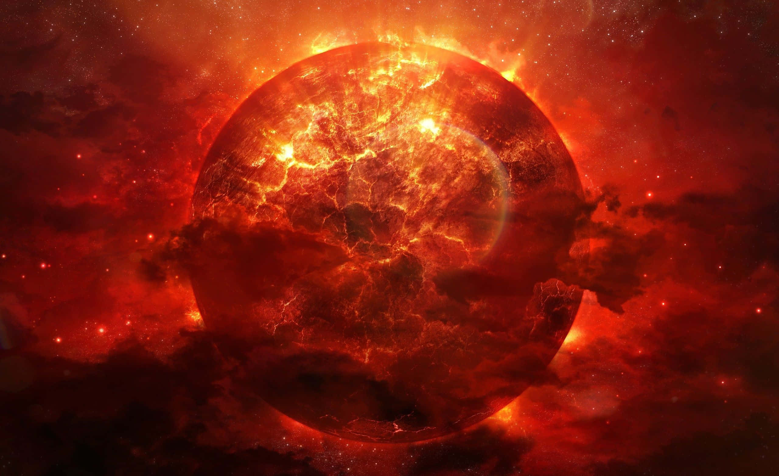Burn 桌布 壁紙 — 一顆表面有發光噴發的熾熱紅色行星，主宰著充滿恆星和宇宙塵埃的旋轉星雲。