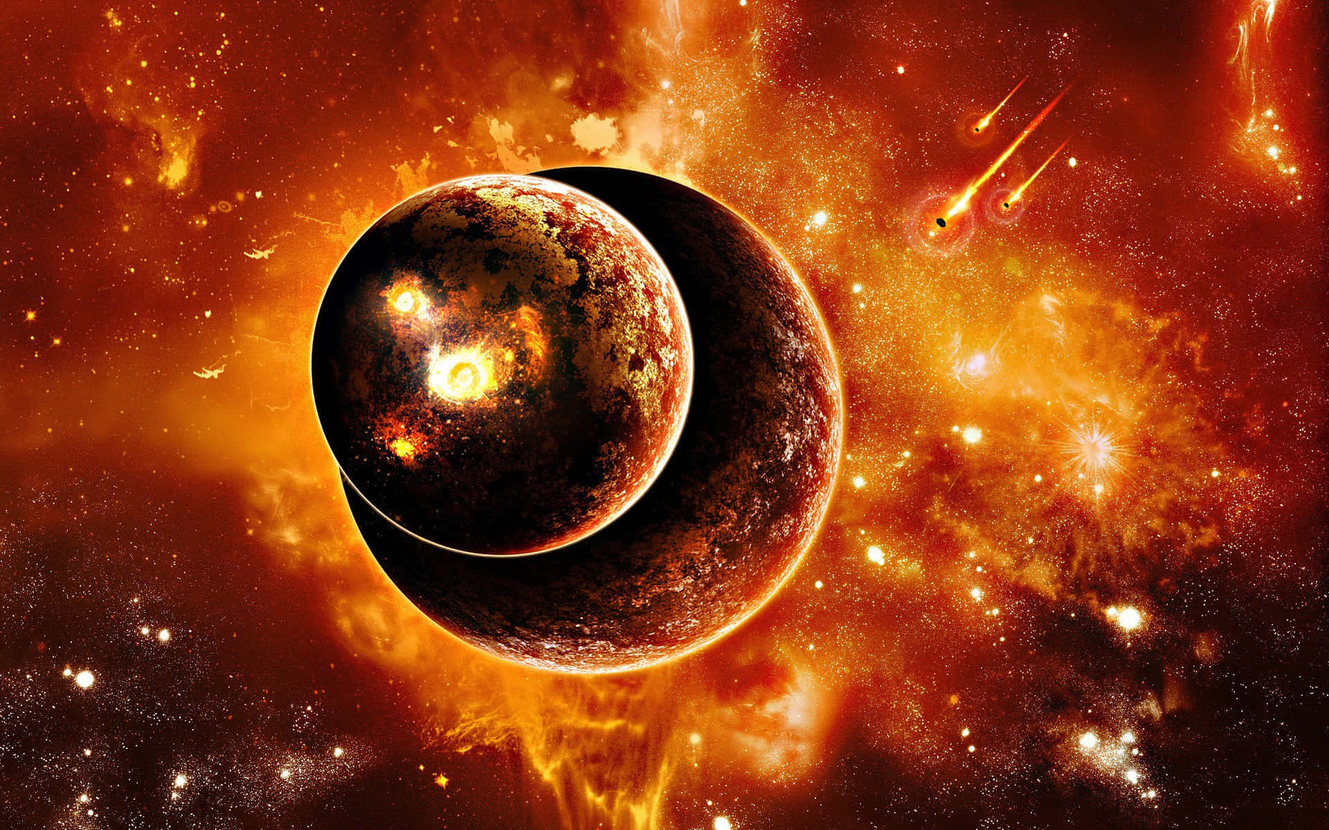 行星動畫 桌布 壁紙 — 一顆表面發光的熾熱行星，在充滿活力的橙色星雲中繞著一顆黑暗伴星運行，伴隨著劃過的流星。