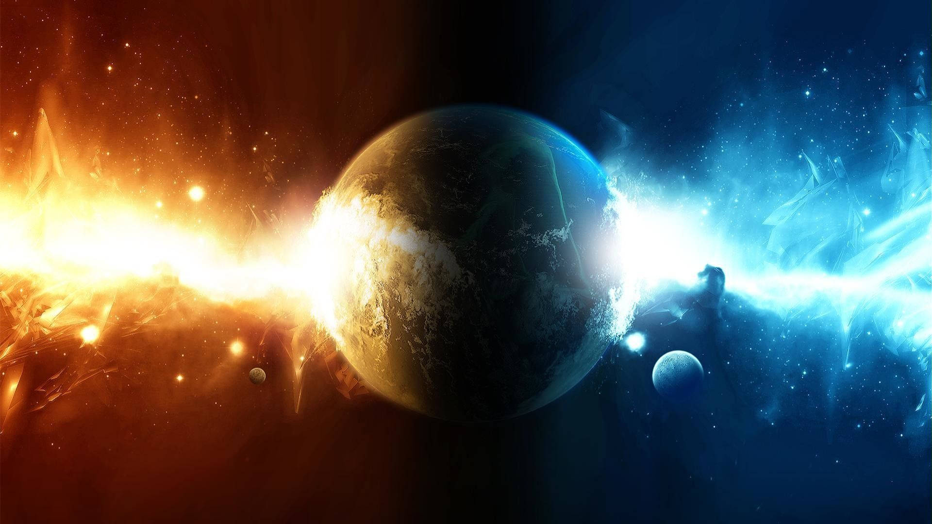 Amazing 桌布 壁紙 — 一顆被光芒四射的光束分割的宇宙行星，周圍環繞著熾熱的橙色和冰冷的藍色星雲。