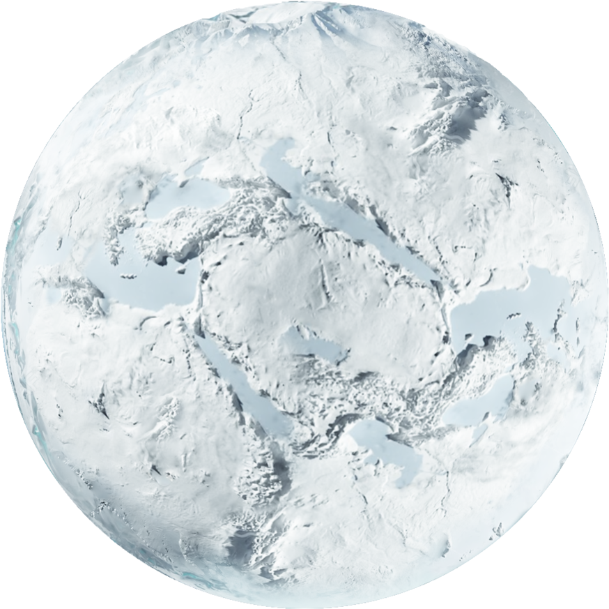Circle Shape 桌布 壁紙 — 一顆被白色冰雪覆蓋的冰凍星球，在柔和光線下可見陸地與裂縫。