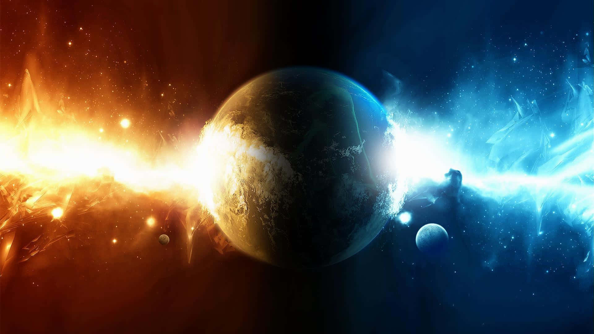 超酷的動圖 桌布 壁紙 — 一顆被耀眼光束一分為二的宇宙行星，周圍環繞著熾熱的橙色和冰冷的藍色星雲。