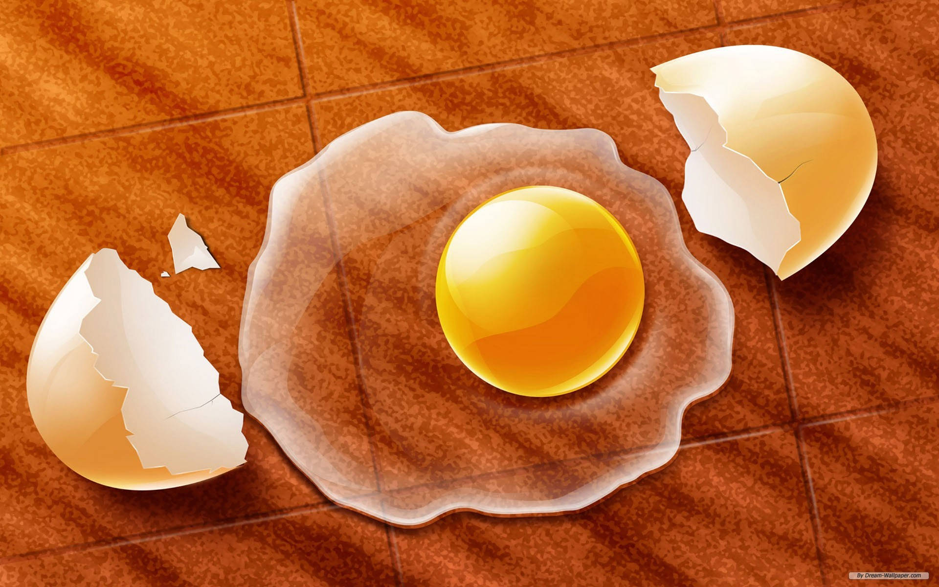 Egg 桌布 壁紙 — 一顆裂開的雞蛋，帶有完美的金黃色蛋黃和清澈的蛋白，放在溫暖的棕色瓷磚表面上，附近有破碎的蛋殼碎片。