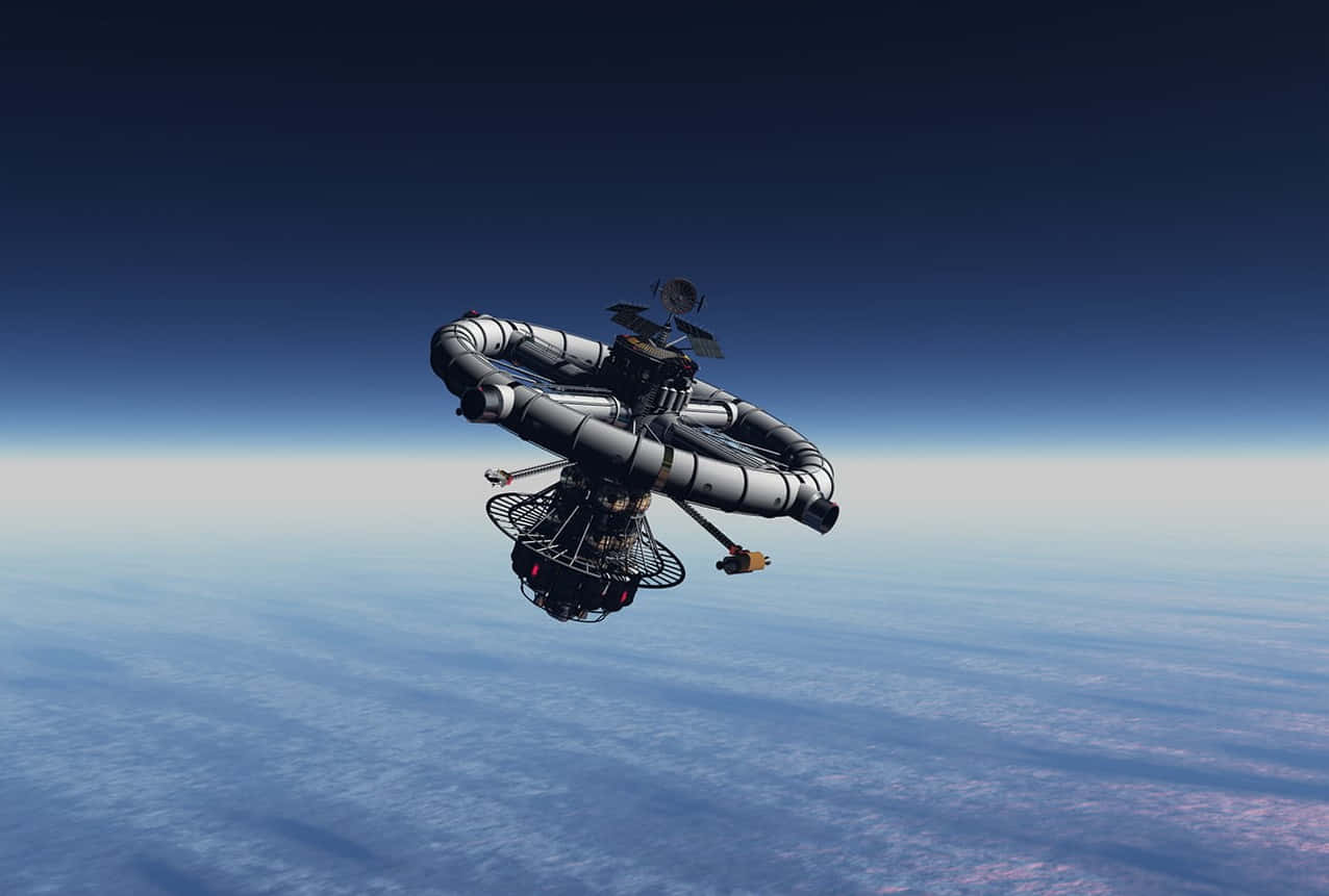 Space Technology 桌布 壁紙 — 一顆詳細的衛星在地球彎曲的藍色地平線上方運行，背景是深邃的太空。