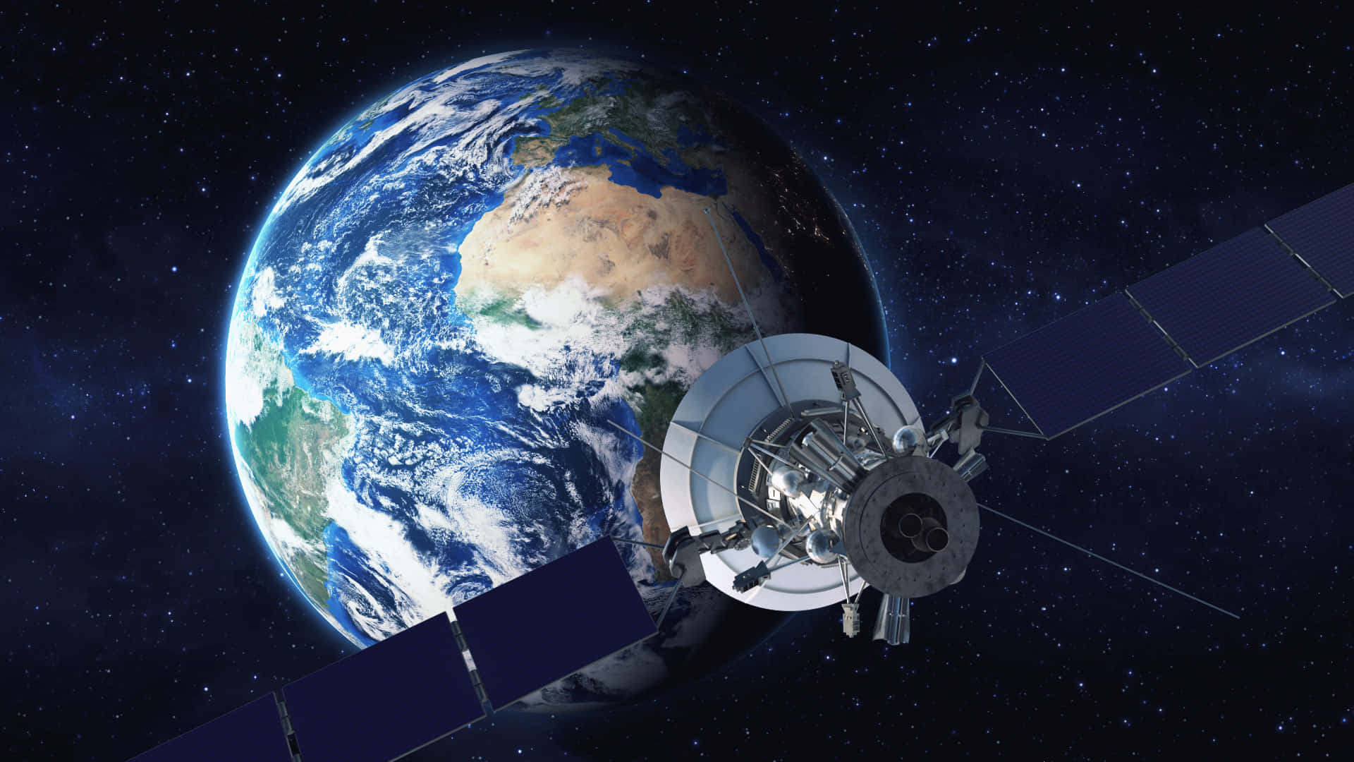 Satellite 桌布 壁紙 — 一顆詳細的衛星在星光璀璨的宇宙背景下繞地球運行，展示大陸、海洋和雲層。