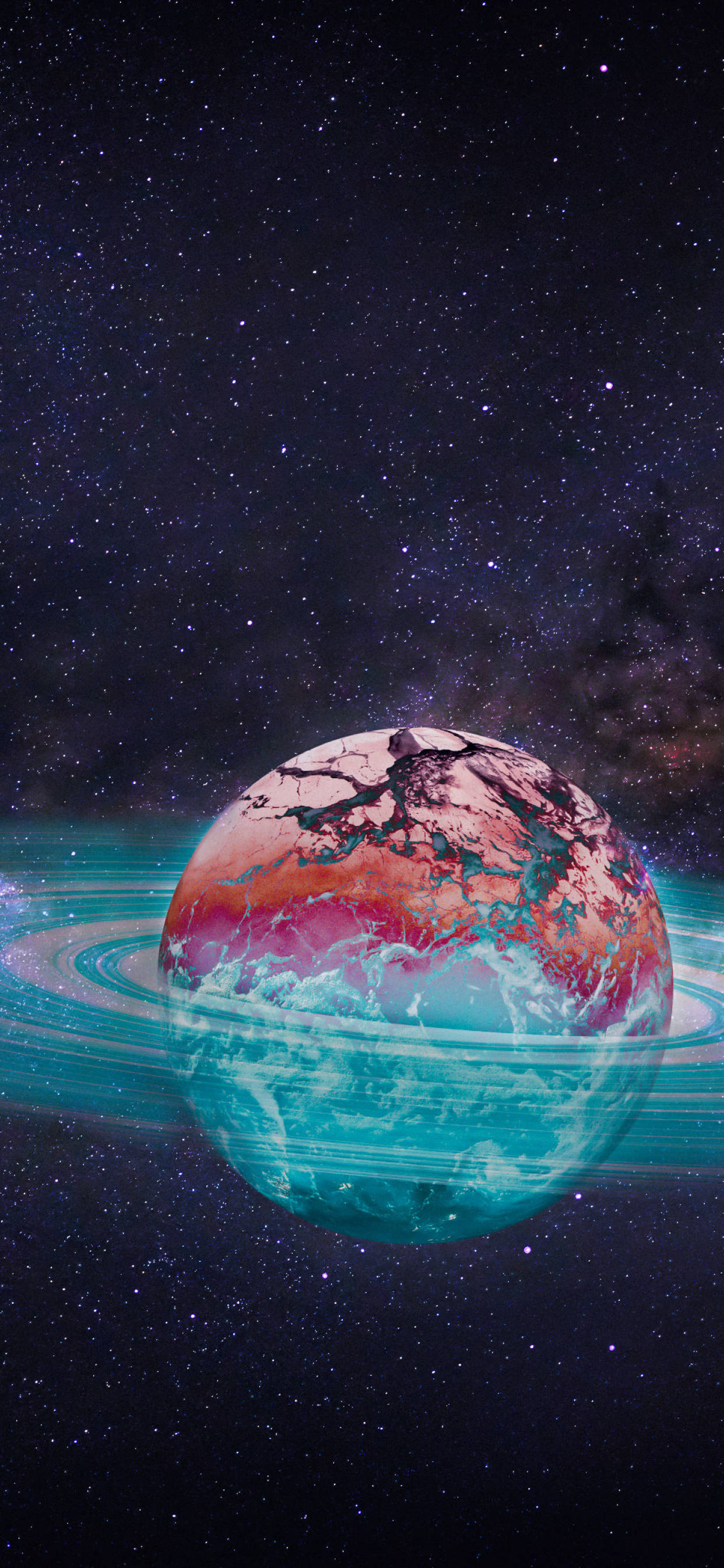 Retro Space 桌布 壁紙 — 一顆超現實的行星，表面有紅色和藍綠色的漩渦，環繞著一個由發光環框住的星際宇宙虛空運行。