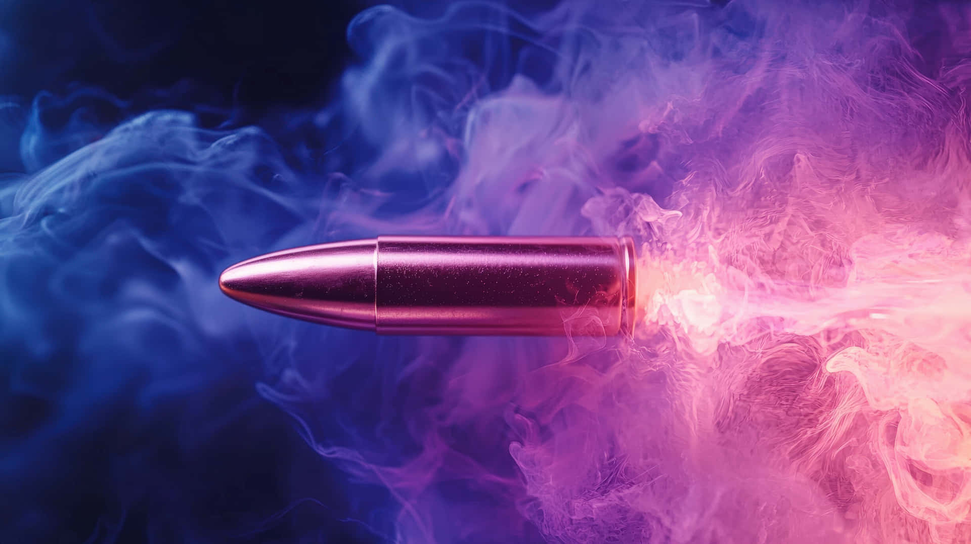 A bullet in motion, enveloped by swirling pink and blue smoke 壁紙 — 一顆金屬子彈穿過旋轉的藍色和粉紅色煙霧，伴隨著發光的槍口閃光向前飛馳。