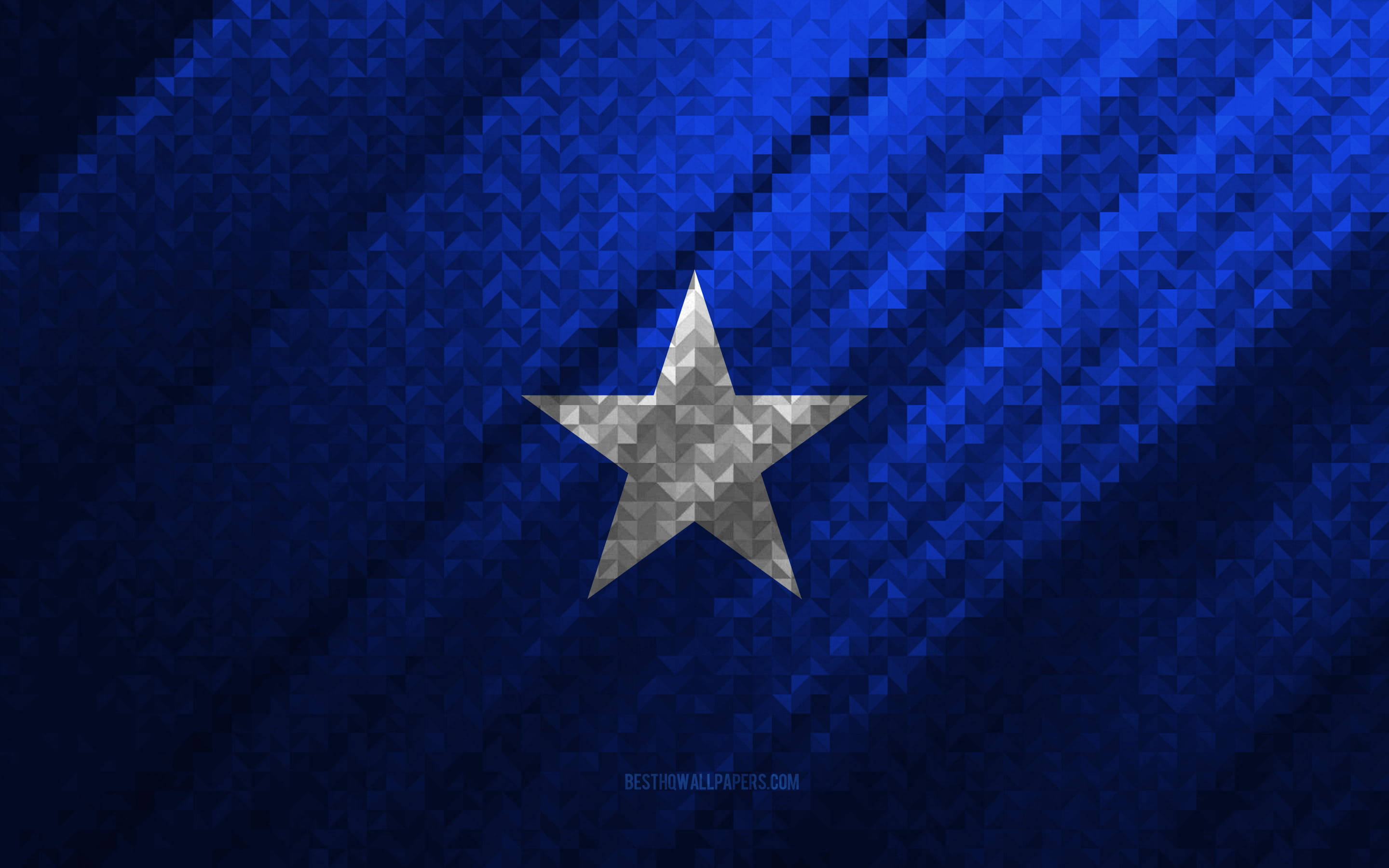 Somalia 桌布 壁紙 — 一顆銀星在深藍色多邊形旗幟上閃耀，旗幟帶有流動的對角線摺痕。