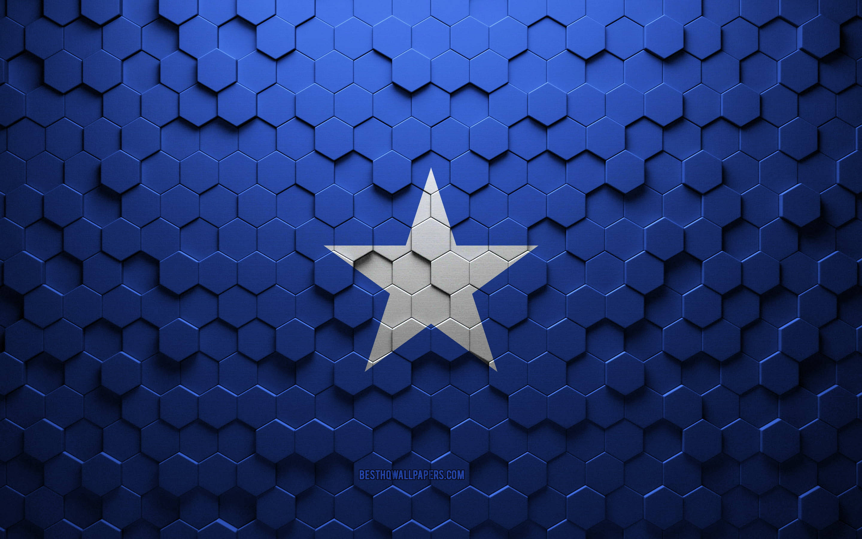 Somalia 桌布 壁紙 — 一顆銀星從帶有紋理的藍色六邊形網格中浮現，創造出未來感的數位圖案。