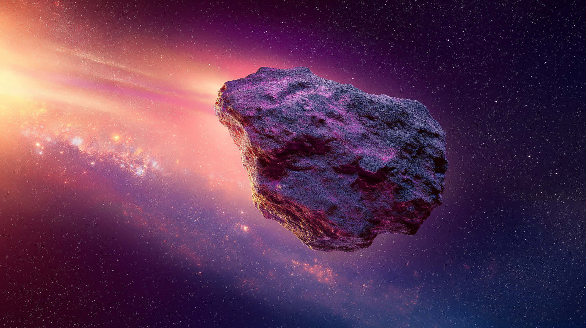 Vivid Purple Meteorite with Glowing Trail in Deep Space 壁紙 — 一顆鋸齒狀的小行星在充滿活力的宇宙星雲中漂流，星雲散發著粉紅色、橙色和紫色的色調，背景是星空。