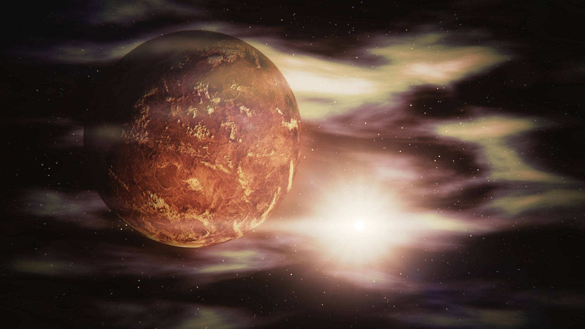 太陽系 桌布 壁紙 — 一顆鏽紅色的行星，帶有旋轉的雲層，在繁星點點的宇宙中，在燦爛的太陽下發光。