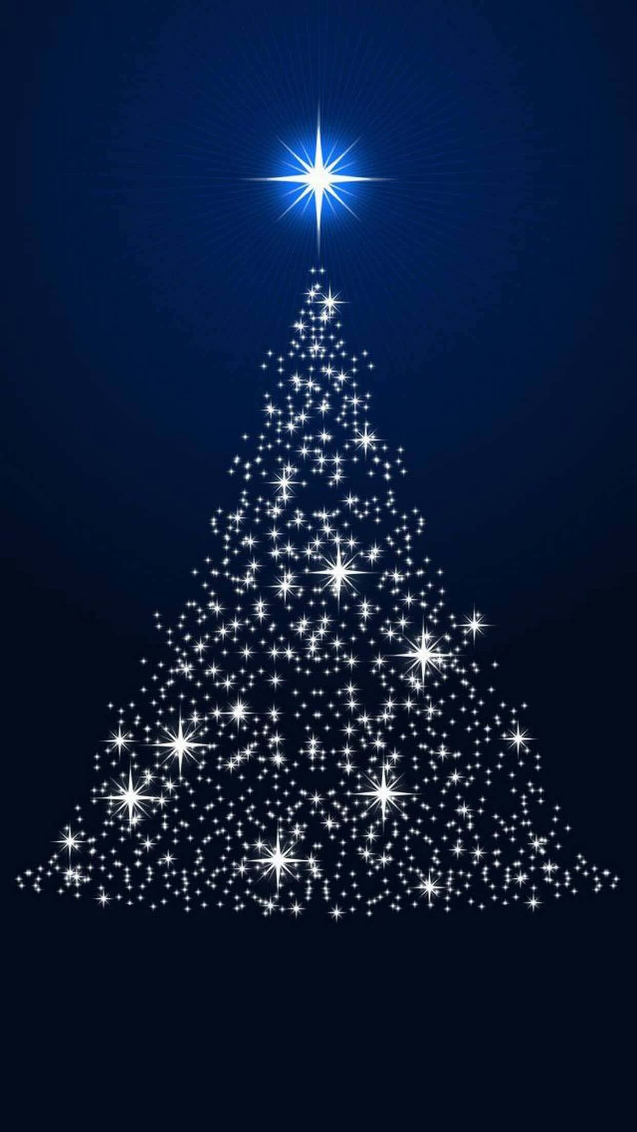 White Christmas iPhone 桌布 壁紙 — 一顆閃爍的星形聖誕樹，由發光的白色星星組成，襯托在深藍色的夜空下。