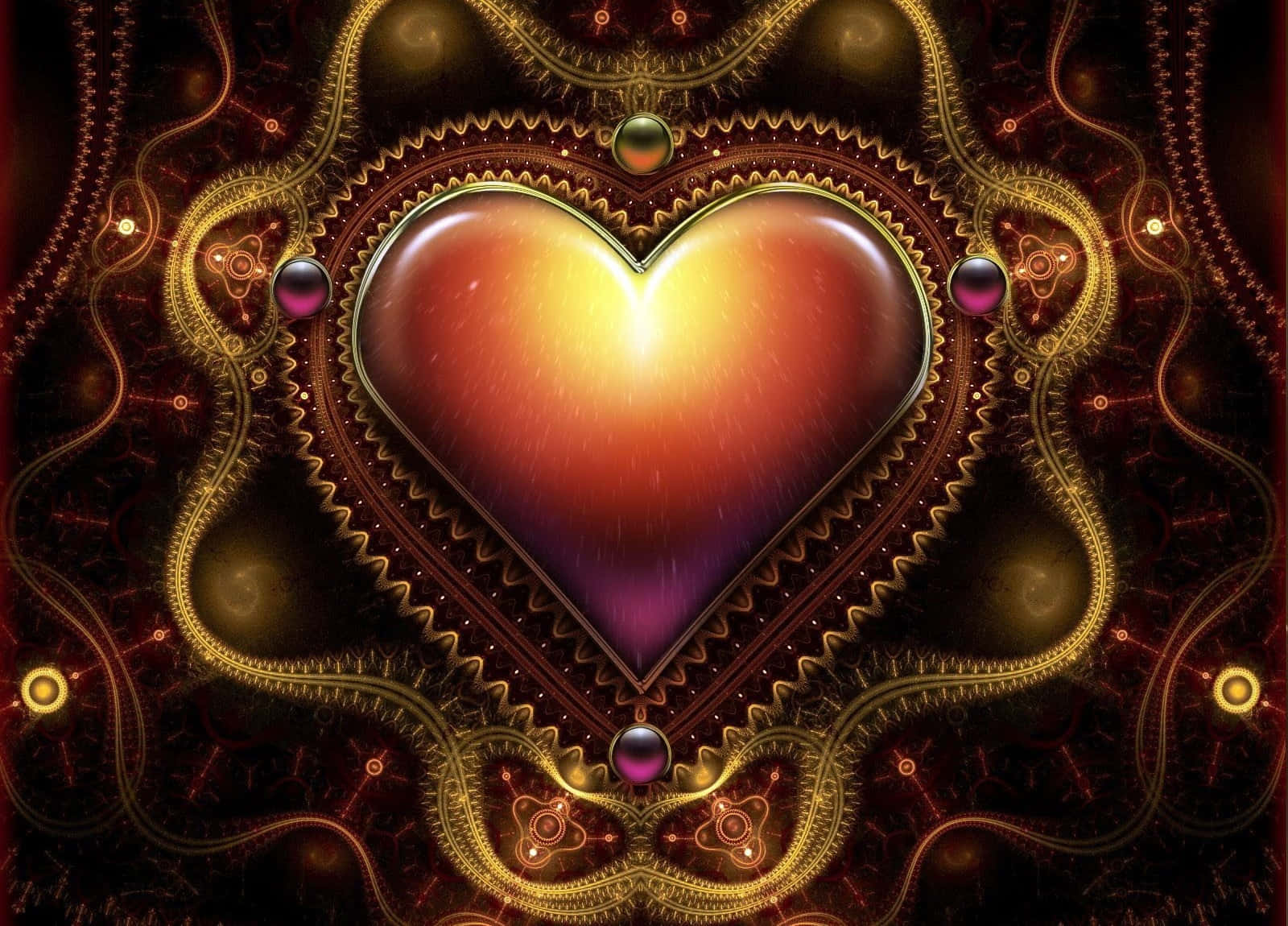 3d Heart 桌布 壁紙 — 一顆閃耀發光的心臟，帶有金色齒輪和紫色點綴，置於黑暗複雜的機械背景中。