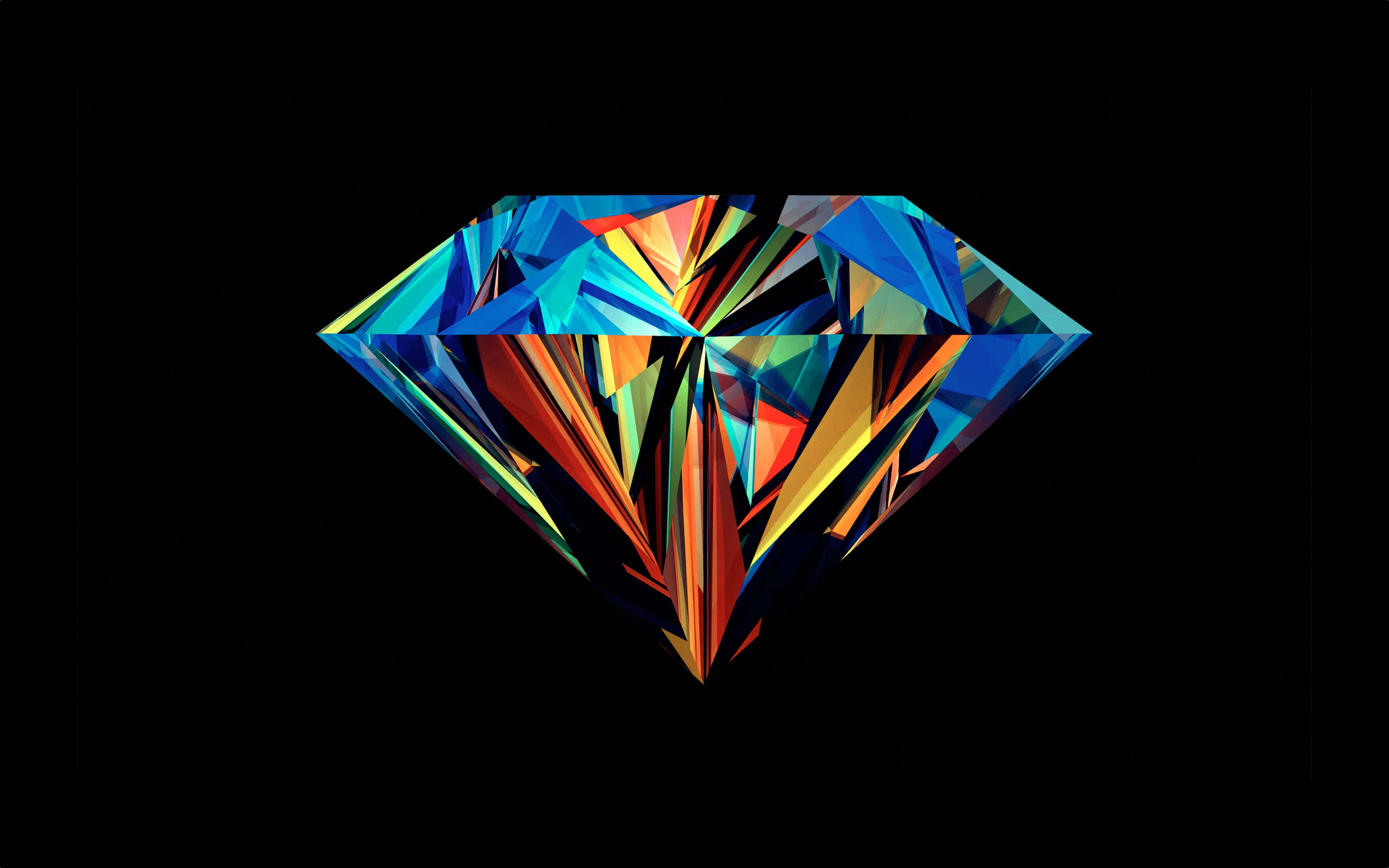 diamonds 桌布 壁紙 — 一顆閃耀的多色鑽石，帶有銳利的幾何切面，在純黑背景上閃爍光芒。
