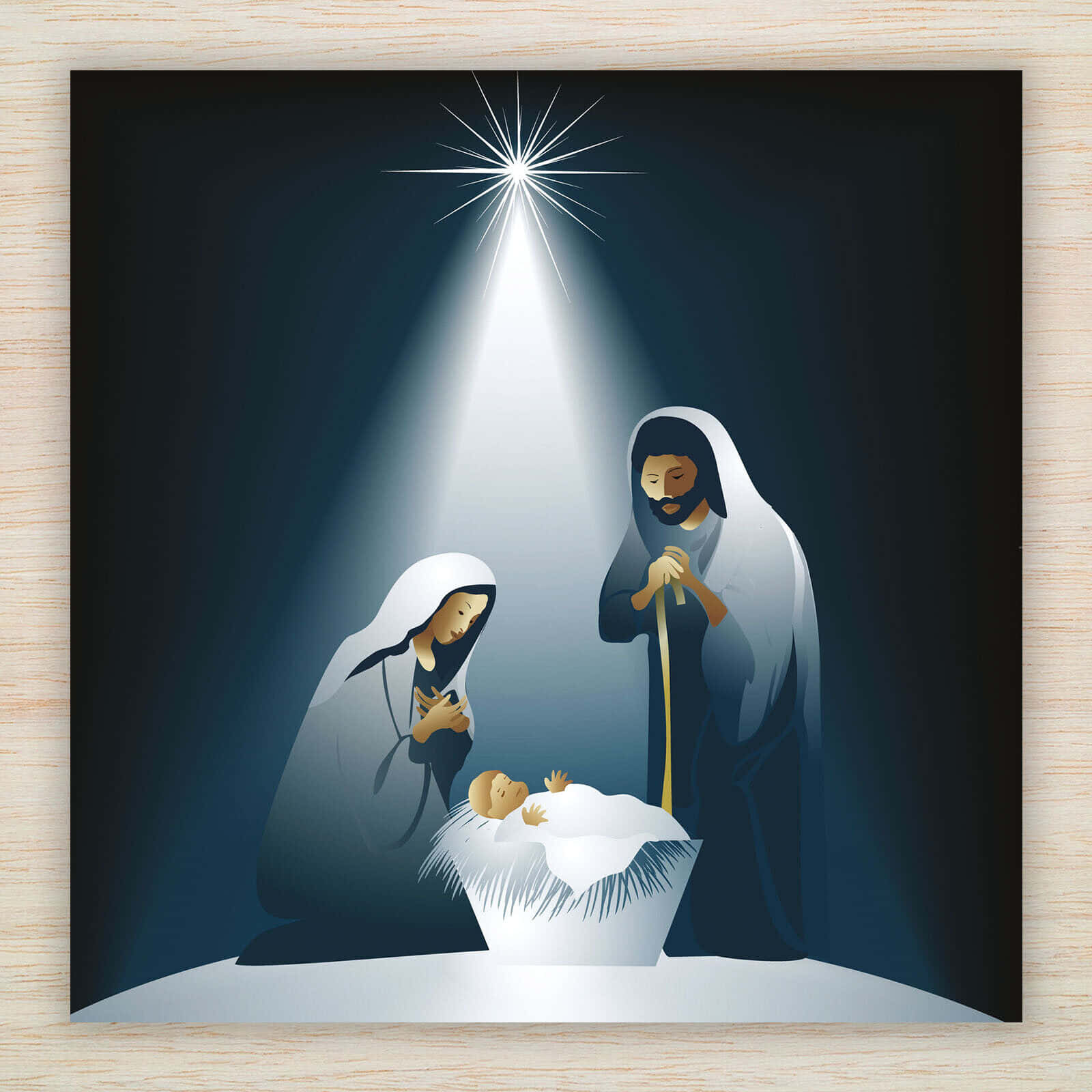 Religious Christmas 桌布 壁紙 — 一顆閃耀的星星照耀著跪在馬槽旁、懷抱新生耶穌的馬利亞和約瑟。