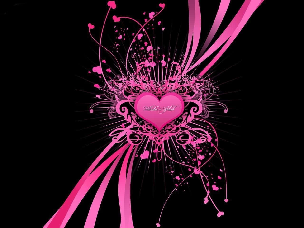 Heart 桌布 壁紙 — 一顆閃耀的粉紅色心形在純黑背景上爆裂出旋轉的藤蔓和漂浮的心形。