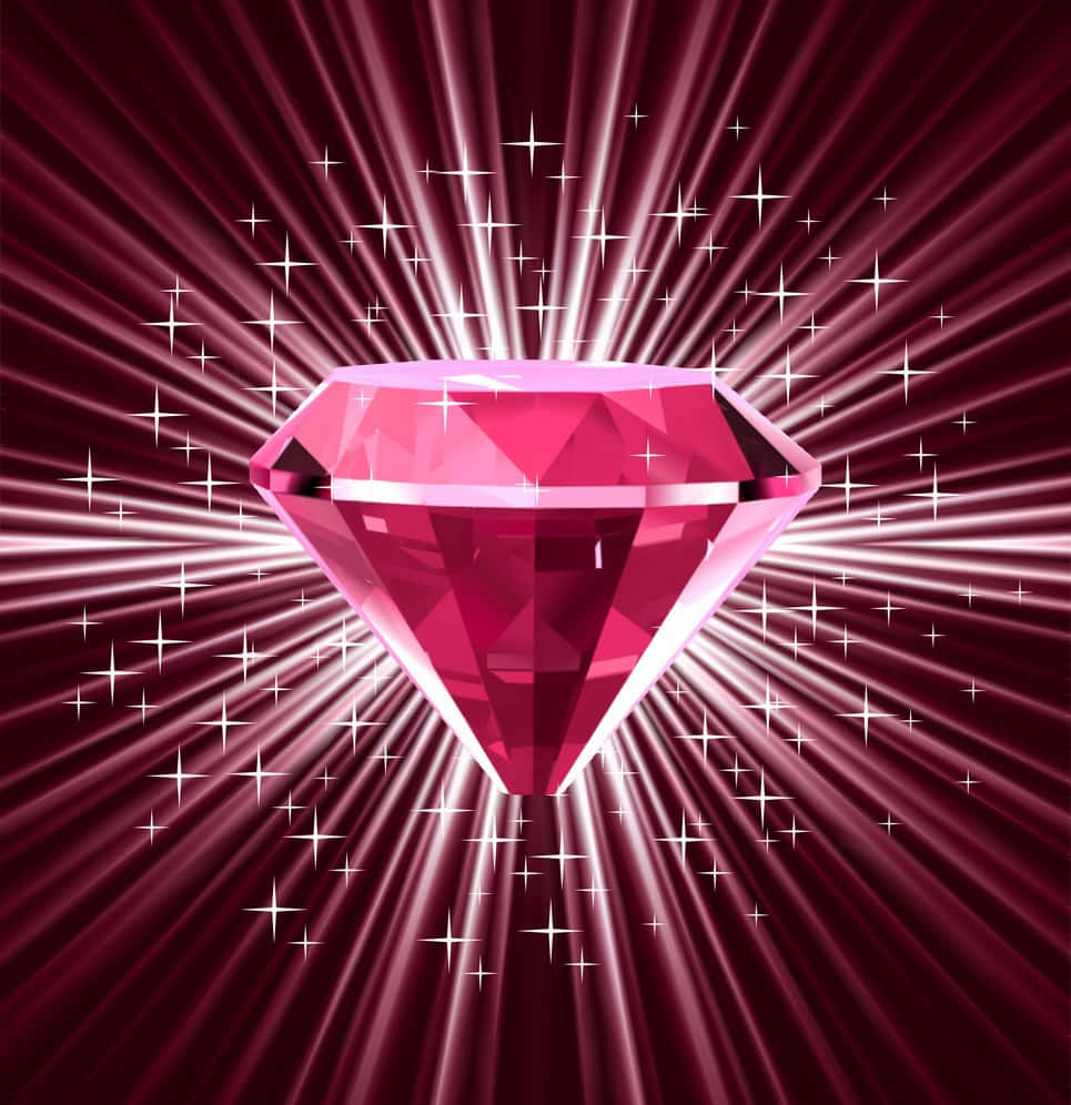 Red Diamond 桌布 壁紙 — 一顆閃耀的粉紅色鑽石在深洋紅色背景上閃爍著白色光線和閃爍的星星。