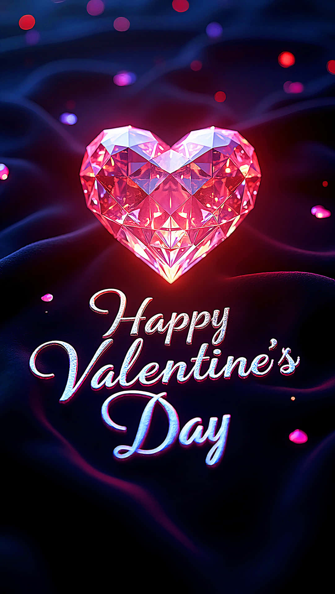 Valetine's day 壁紙 — 一顆閃耀的粉紅色鑽石心臟在深藍色布料背景上發光，帶有漂浮的粒子和優雅的手寫體情人節文字。