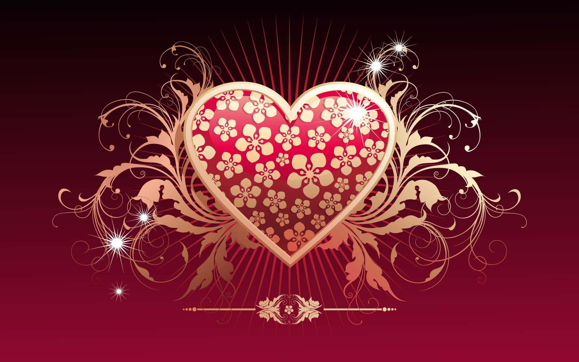 Cute Love Heart 桌布 壁紙 — 一顆閃耀的紅心，飾有金色花卉圖案和旋轉藤蔓，在深栗色漸變背景上閃爍光芒。