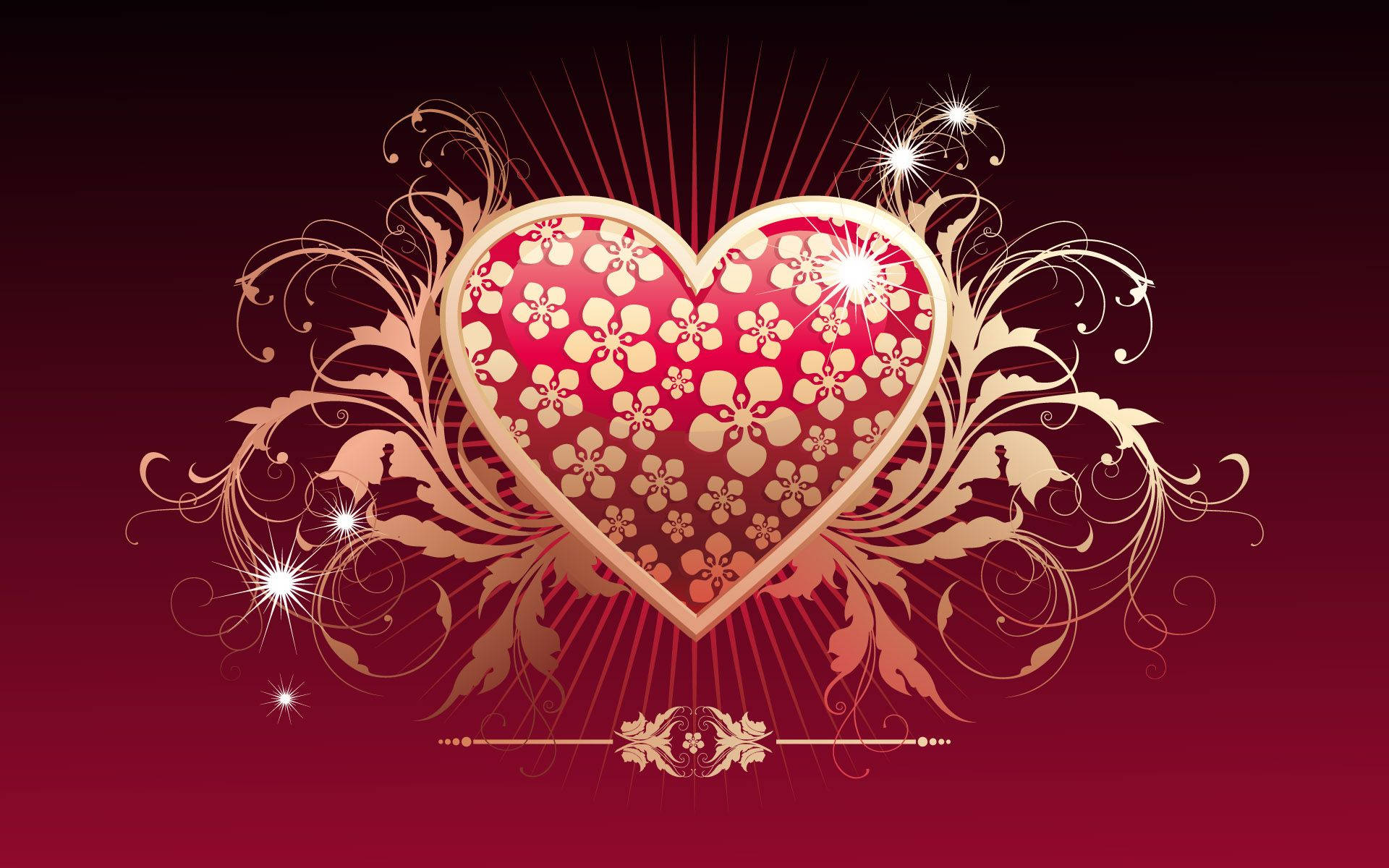 Love Heart 桌布 壁紙 — 一顆閃耀的紅心，飾有金色花卉圖案和旋轉藤蔓，在深栗色漸變背景上發光。