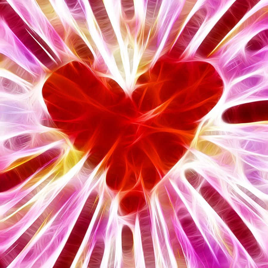 Heart Art 桌布 壁紙 — 一顆閃耀的紅心在粉紅、白色和金色光線的分形爆炸中心跳動。