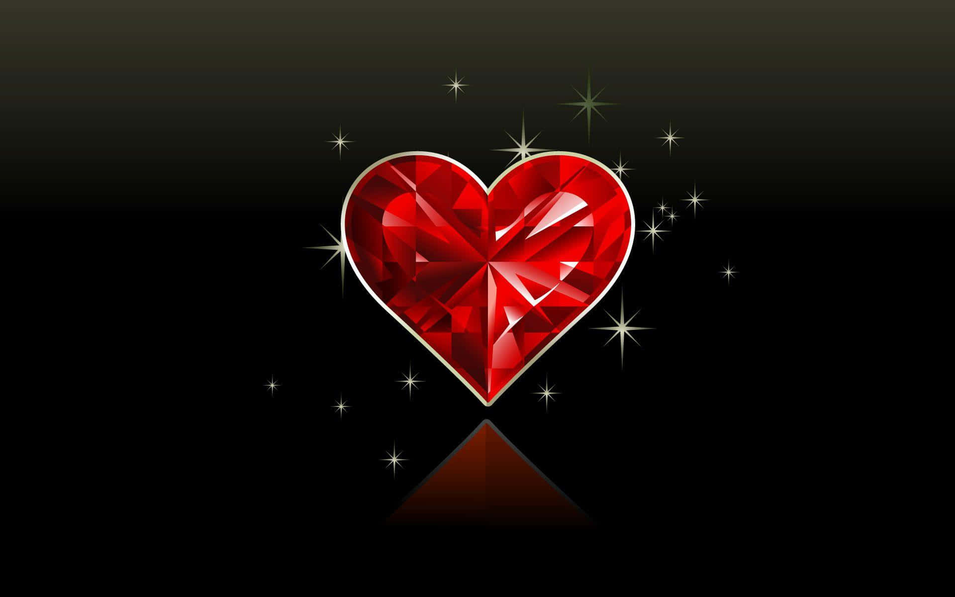 Cute Love Heart 桌布 壁紙 — 一顆閃耀的紅色心形寶石，在深色漸層背景上閃爍著刻面和光芒，帶有微妙的倒影。