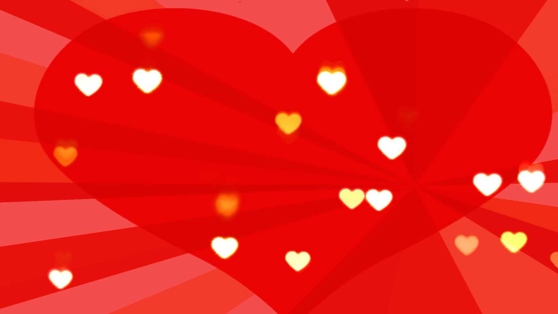 Red Hearts 桌布 壁紙 — 一顆閃耀的紅色心臟在充滿活力的紅色徑向漸變背景上散發出發光的白色和黃色心形。