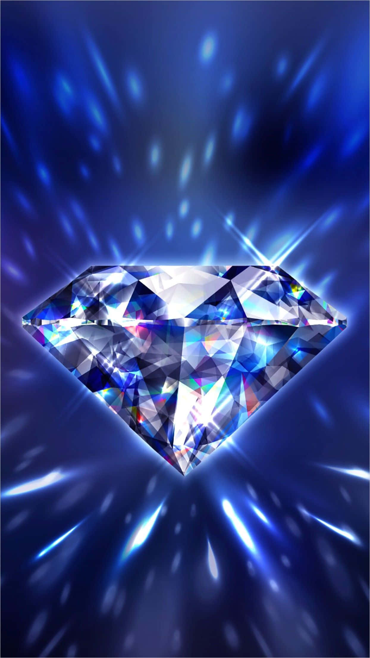 Diamond Aesthetic 桌布 壁紙 — 一顆閃耀的藍色鑽石在深藍色宇宙背景中，伴隨著發光的條紋，閃爍著棱鏡般的光芒。