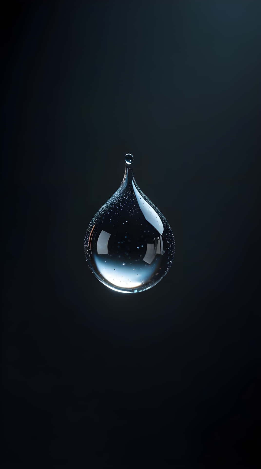 Water drop wallpaper 壁紙 — 一顆閃閃發亮的水滴懸浮在黑暗中，反射出星空和柔和的光線。