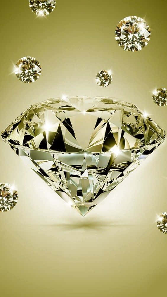 Yellow Diamond 桌布 壁紙 — 一顆閃閃發光的大鑽石漂浮在較小的鑽石之間，背景是溫暖的金色。