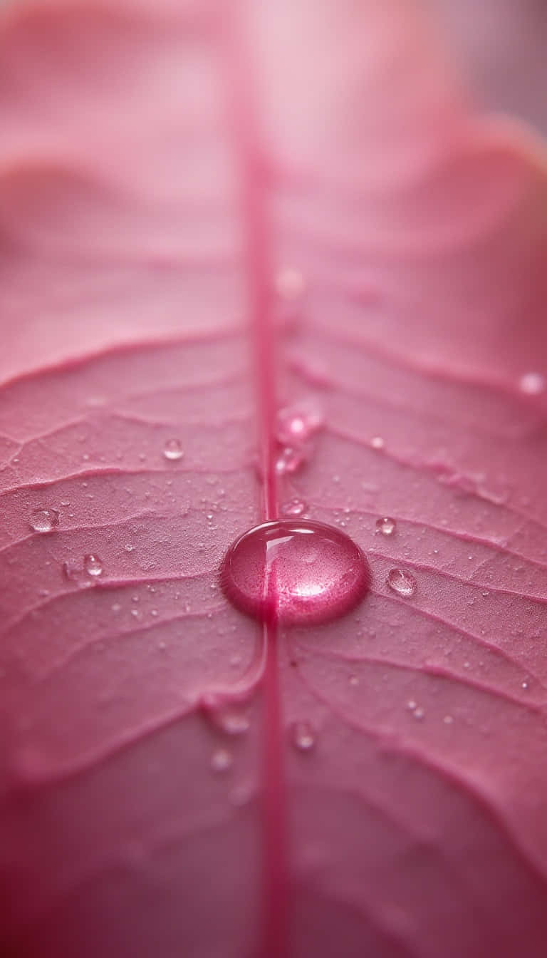 Flower 壁紙 — 一顆閃閃發光的水珠停留在一片帶有可見葉脈的鮮豔粉紅色葉子上，周圍散落著較小的水滴。
