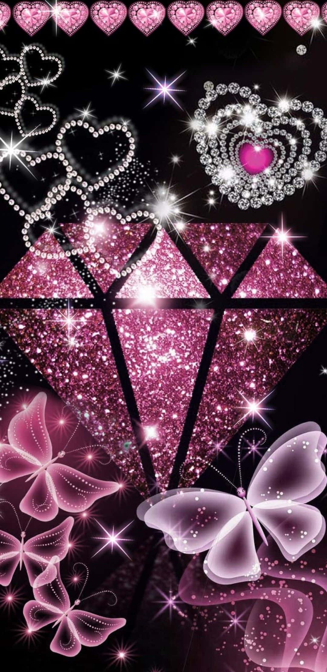 Pink Glitter Butterfly 桌布 壁紙 — 一顆閃閃發光的粉紅鑽石為中心，周圍環繞著閃爍的心形和蝴蝶，背景為黑色。