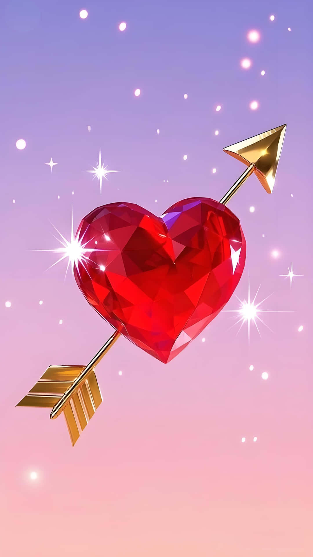 Cupid Red Crystal Heart Arrow Wallpaper 壁紙 — 一顆閃閃發光的紅色寶石心臟被金色箭矢刺穿，背景是粉紫和粉紅色的星空。