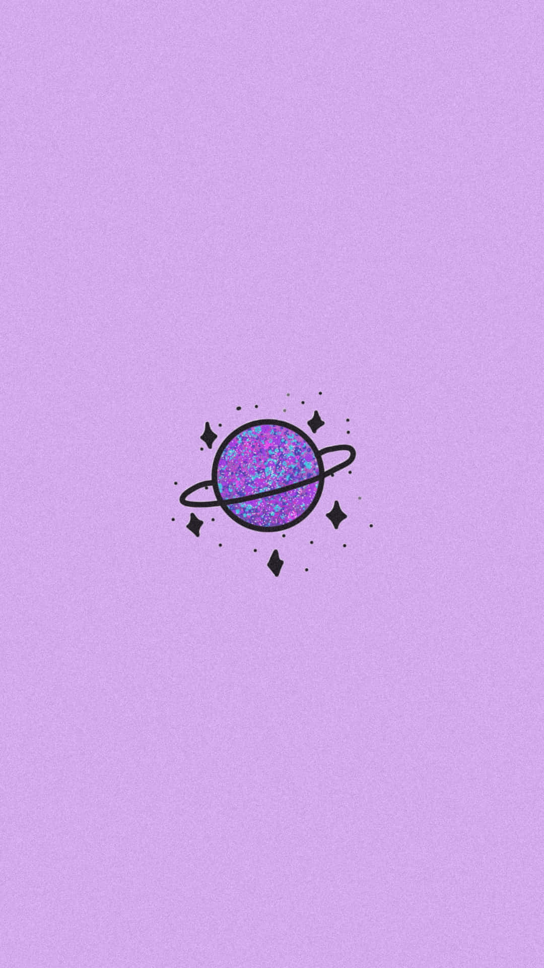 Cute Purple Aesthetic 桌布 壁紙 — 一顆閃閃發光的紫色行星，帶有黑色環和鑽石點綴，漂浮在柔和的薰衣草背景上。