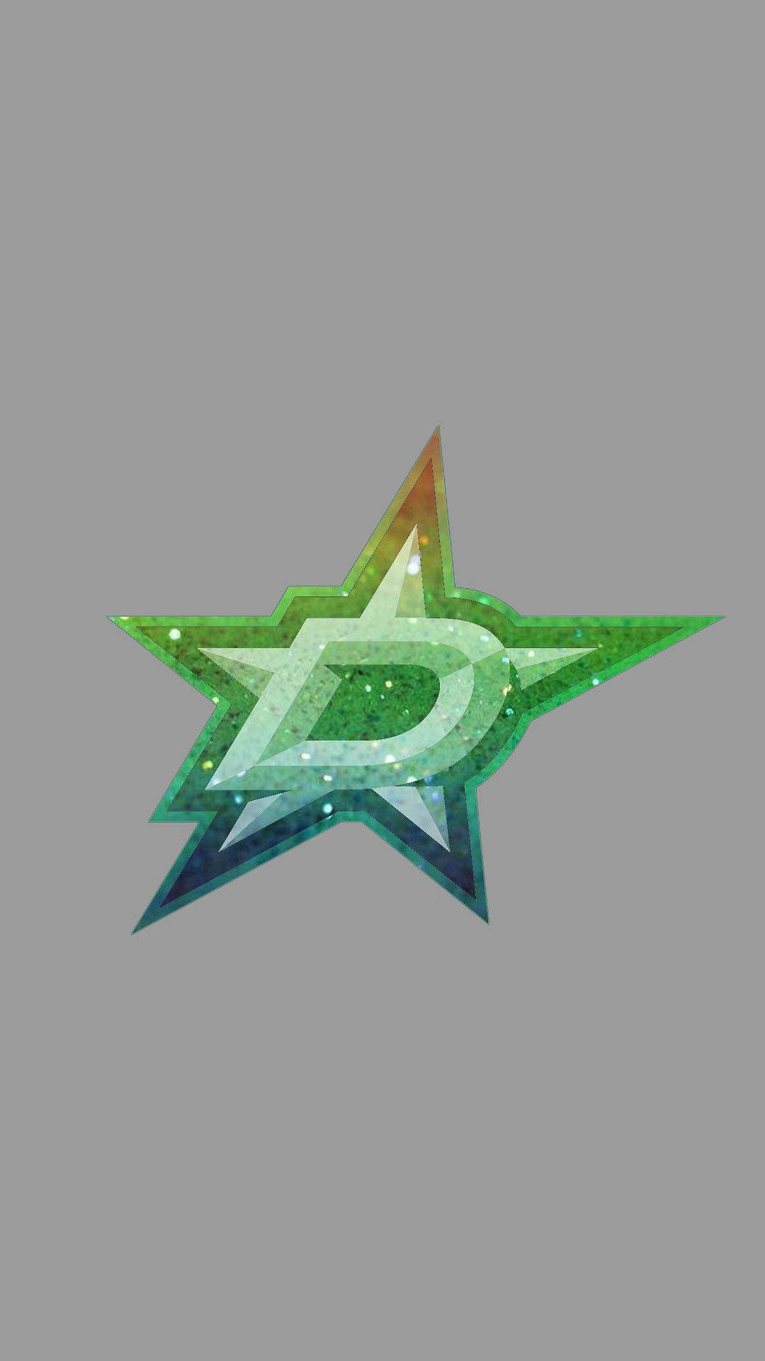 Dallas Stars 桌布 壁紙 — 一顆閃閃發光的綠色星星，裡面有一個風格化的D，在純灰色背景上發光。