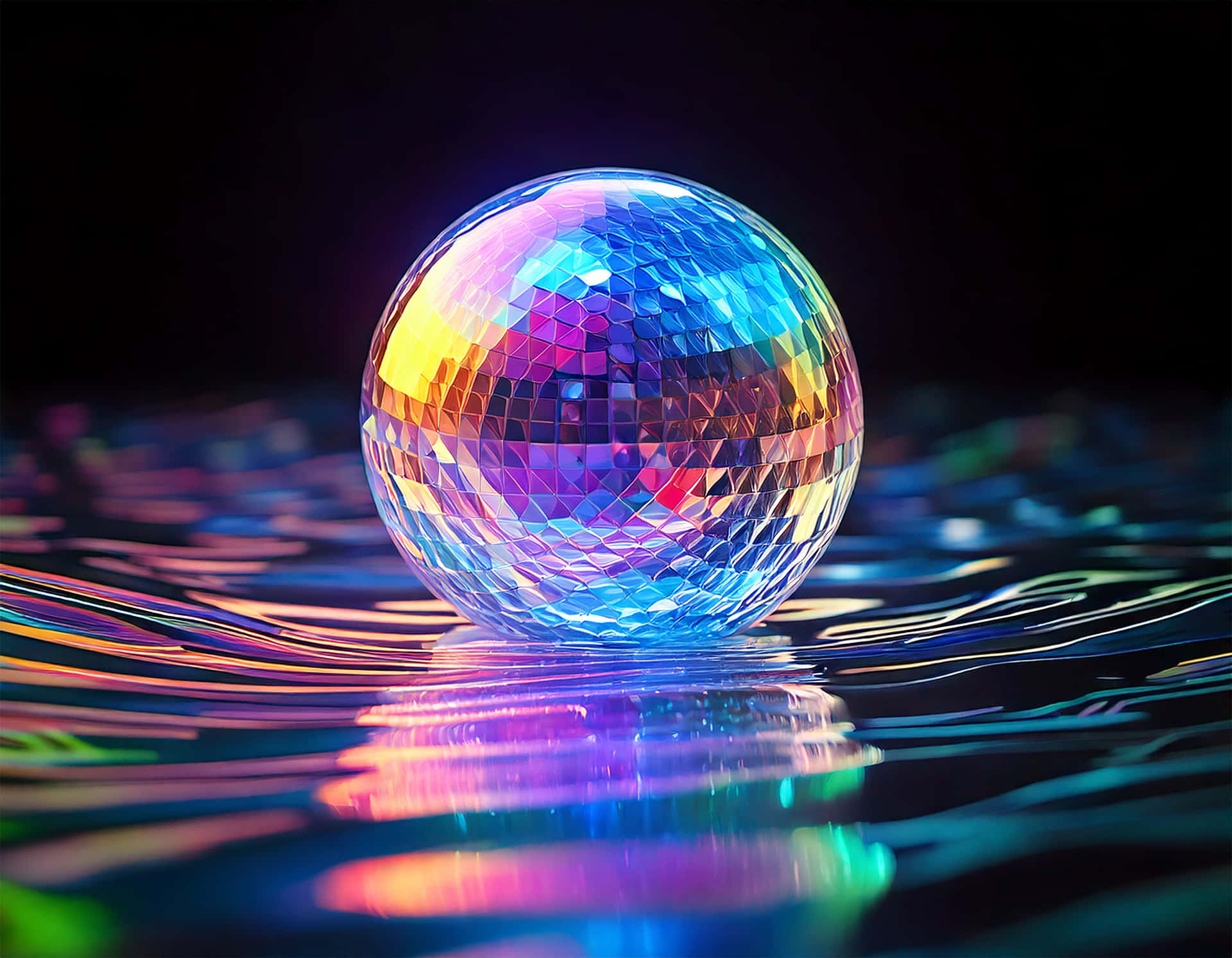 Holographic Sphere 壁紙 — 一顆閃閃發光的迪斯可球漂浮在漣漪的水面上，反射出藍色、粉紅色和黃色的霓虹色調，背景為深色。